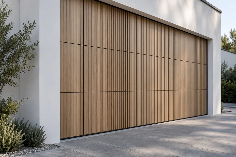 Vertical battens and moving-panel joints on a garage facade