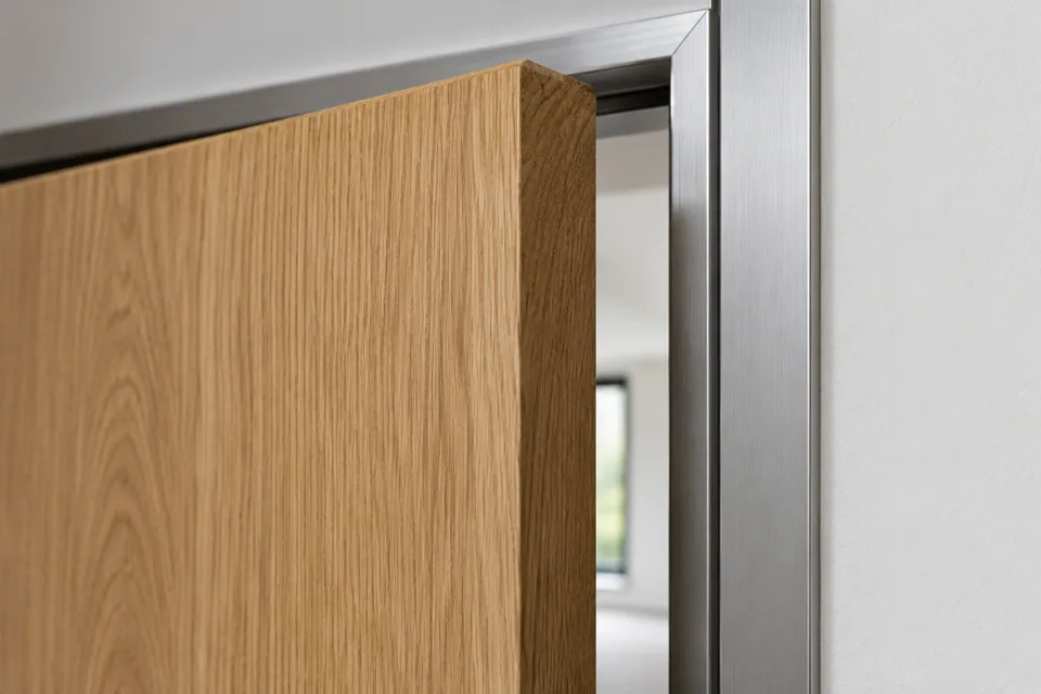 Wooden door leaf beside a slim aluminum jamb