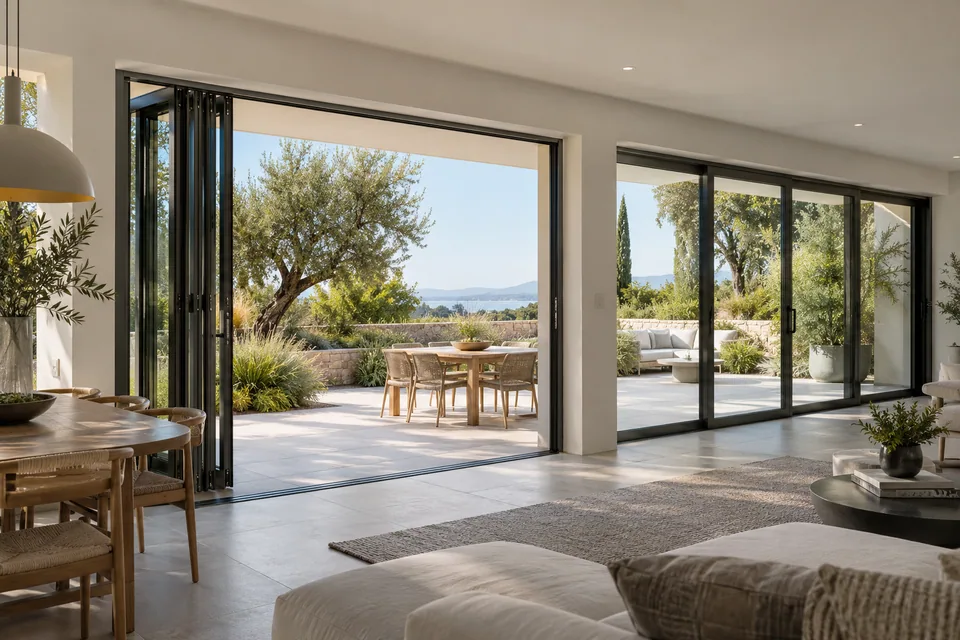 Bifold panel stack and overlapping sliding panels opening onto a terrace