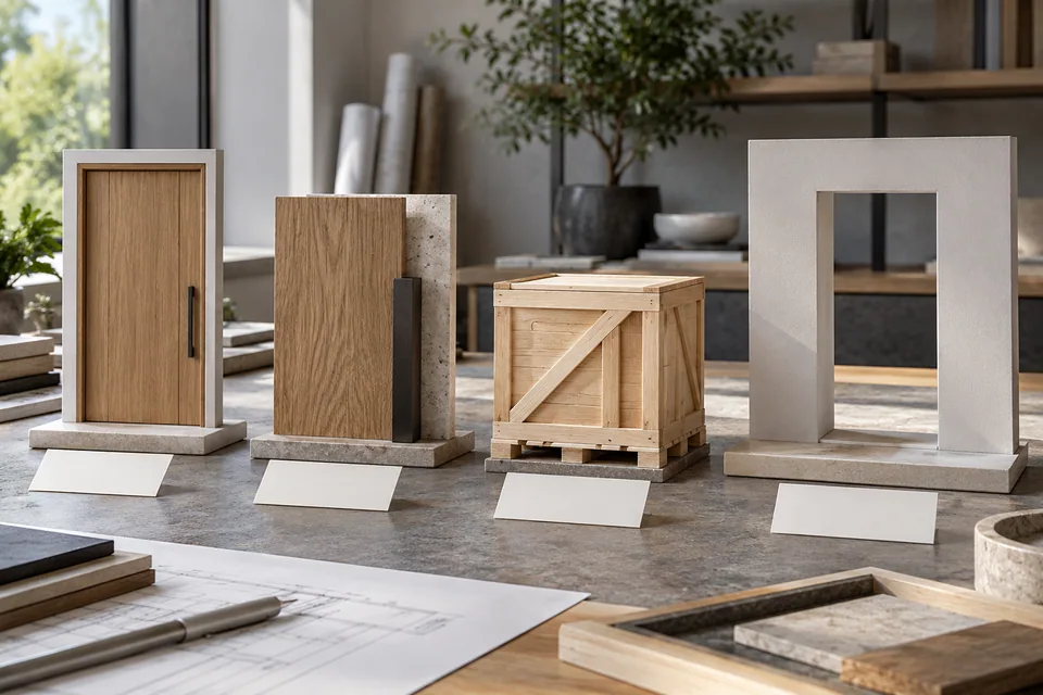 Door model, finish sample, packing model and opening model on a planning desk