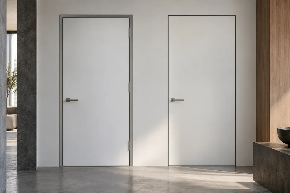 Flush interior door reference within a minimal wall surface