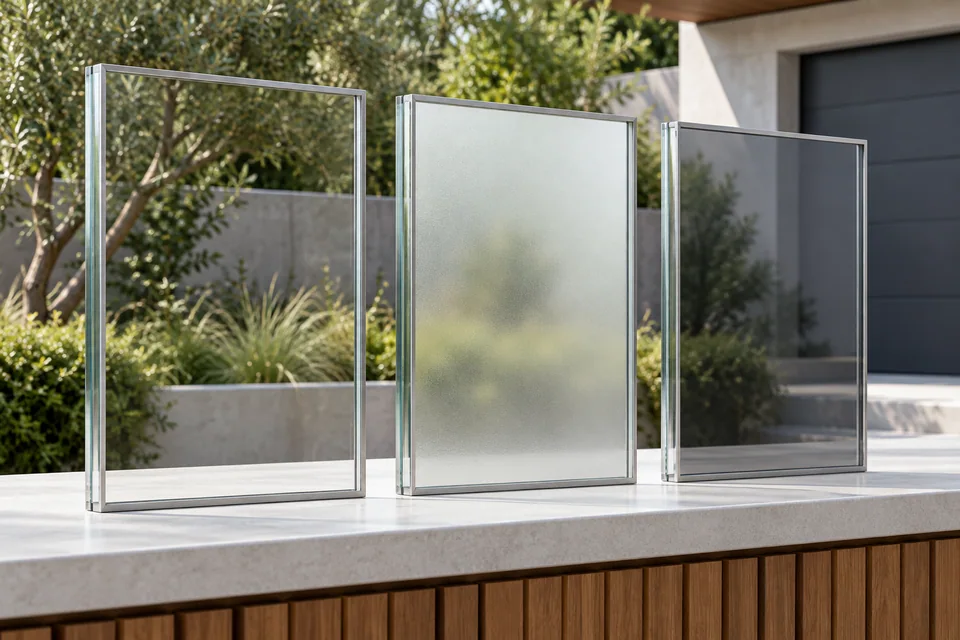 Clear, frosted and gray-tinted glass samples against the same background