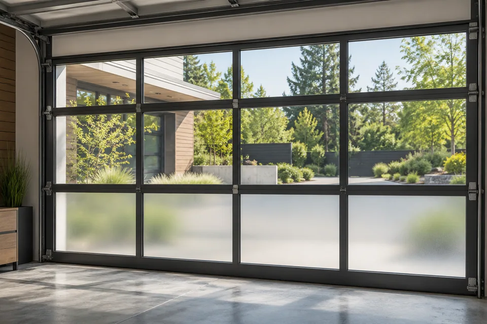 Garage glazing arrangement with an obscured lower band