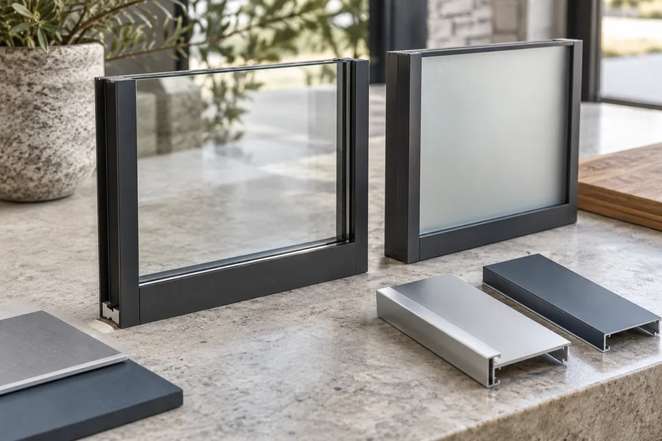 Glass privacy samples and alternative frame finish coupons