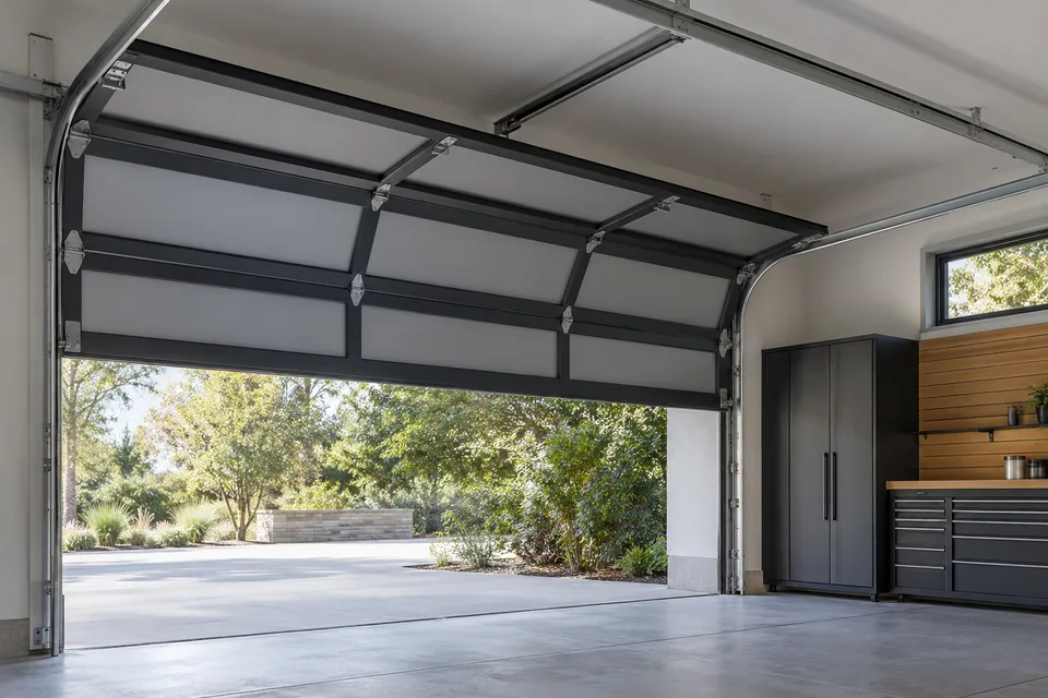 Sectional garage door and tracks viewed as one operating assembly
