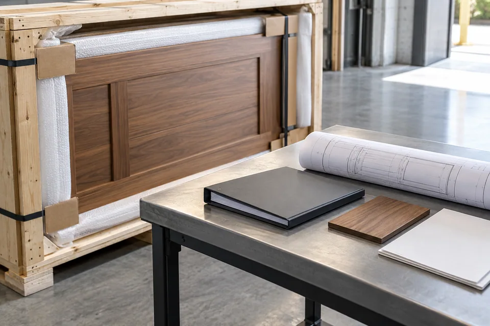 Order documents and material reference prepared beside a door crate