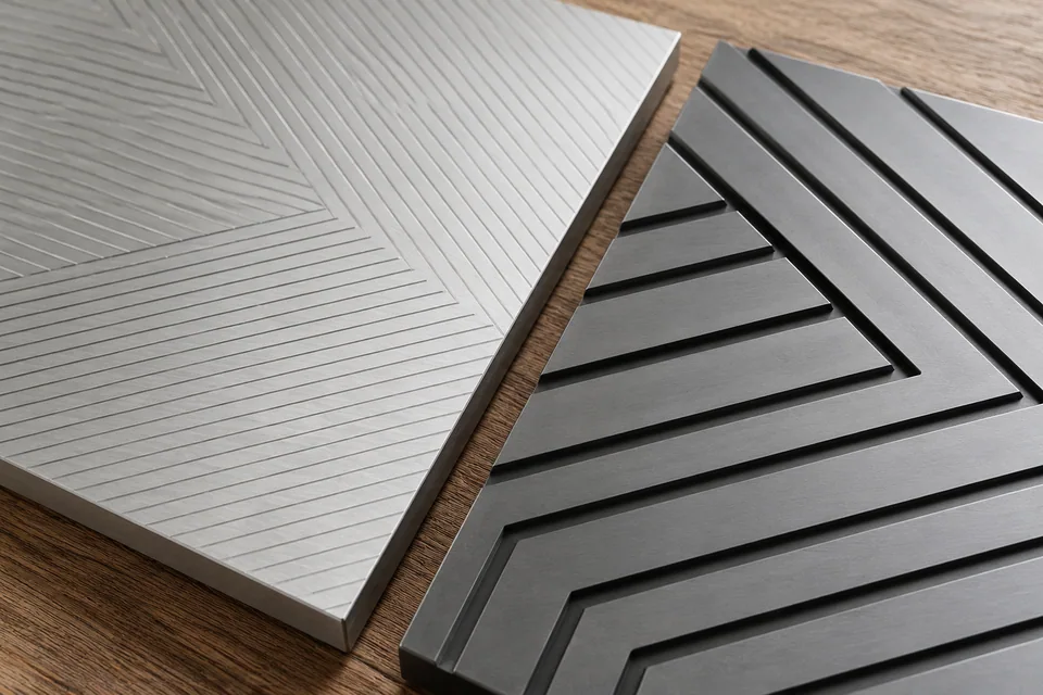Shallow engraved lines beside deeper machined grooves in metal samples