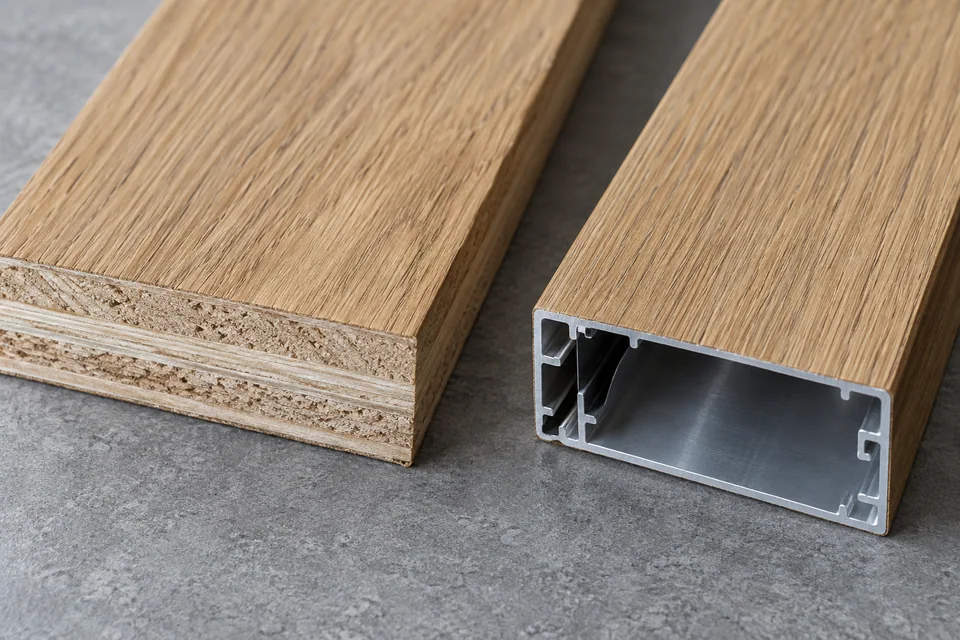 Natural veneer over engineered wood beside wood-look hollow aluminum