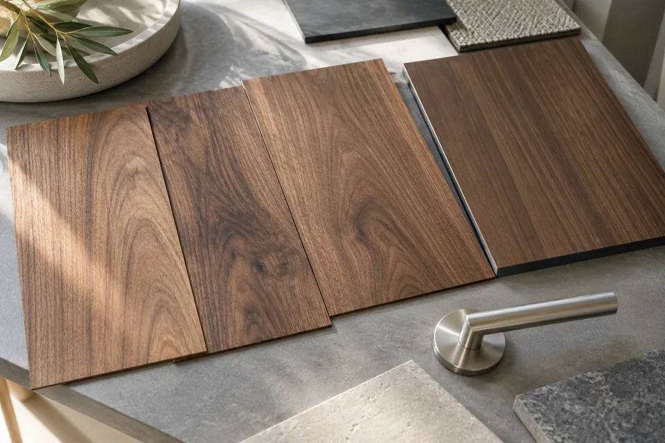 Veneer and wood-look samples reviewed with flooring and hardware