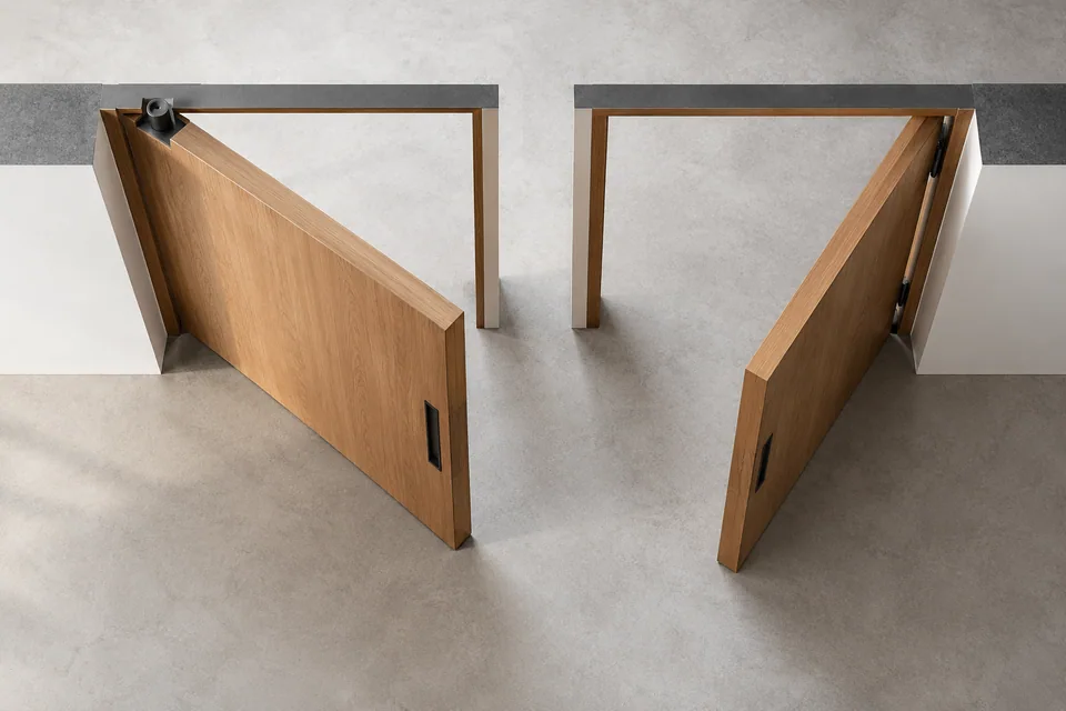Entrance models comparing an offset pivot with a side-hinged swing