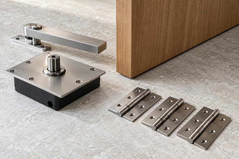 Pivot fittings and conventional hinges beside a leaf construction sample