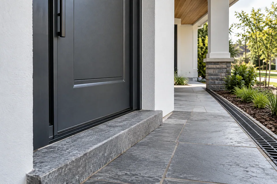 Sheltered steel entry with visible threshold and surrounding site conditions