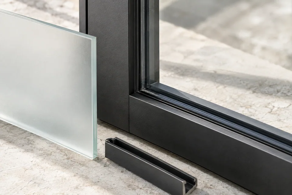 Steel glazing frame and clear and obscured glass samples