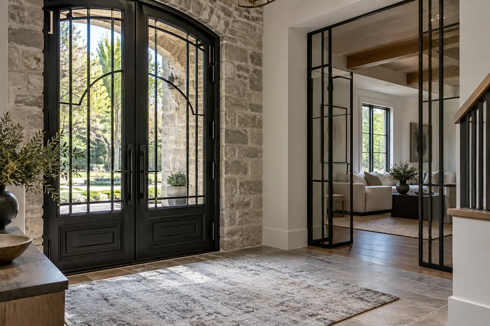 Exterior iron entrance and interior steel divider in different opening contexts