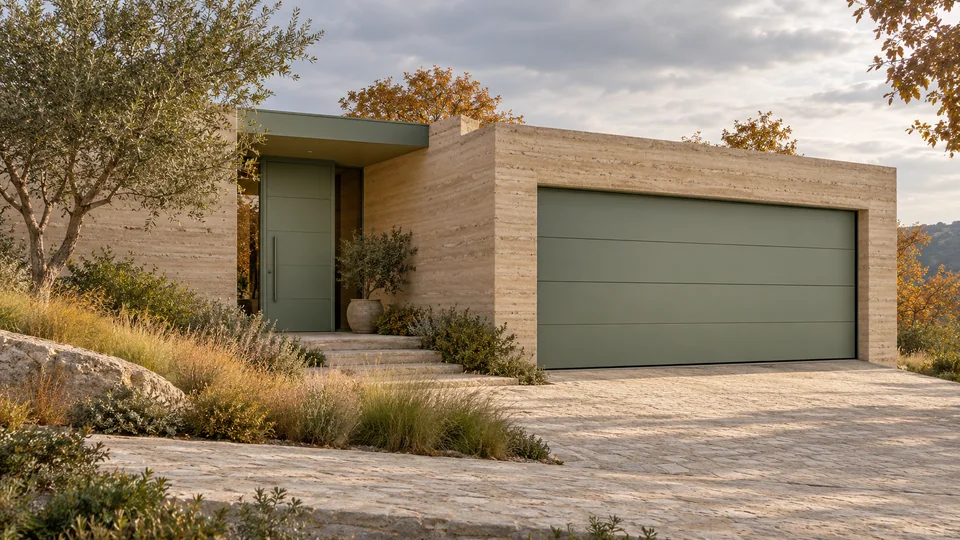 Reference residence with entrance and garage finishes coordinated across the facade